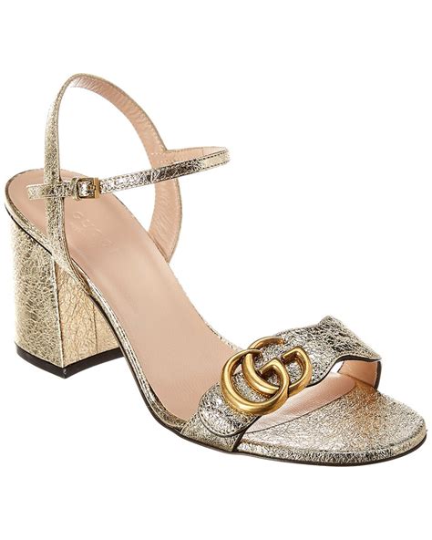 gucci metallic laminate leather mid heel sandal|Gucci crystal embellished sandals.